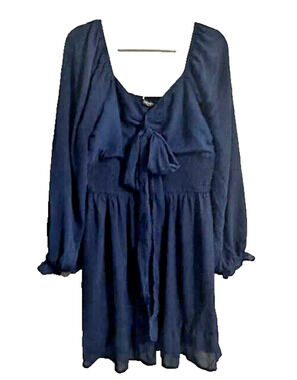 Tecrew Womens Long Sleeve Smocked Waist Bow Front Chiffon Dress Navy Blue XL NWT